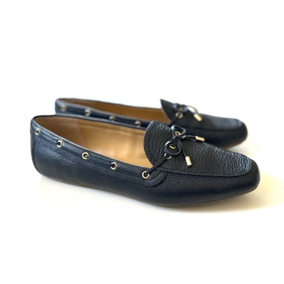Talbots Shoes - Talbots Dark Navy Blue Genuine Leather Lace-Up Bow Driving Moccasin Flats